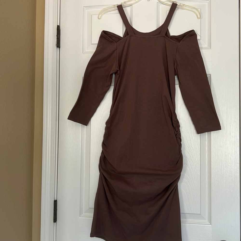 3/4 sleeve cold shoulder cotton brown dress ruching on waist and hips size small